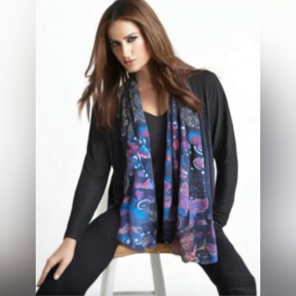 Flying Tomato Black Cardigan with Colorful Floral Attached Scarf